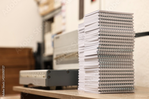 Modern binding machine and stacks of notebooks on wooden table indoors, selective focus