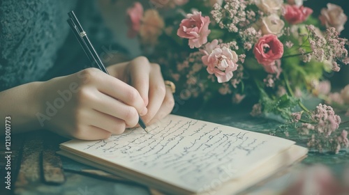A woman writing in a notebook.