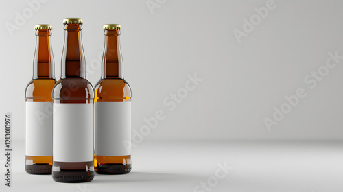 Empty glass bottles lined up on a table ready for labeling in a clean, minimalist setting with soft lighting