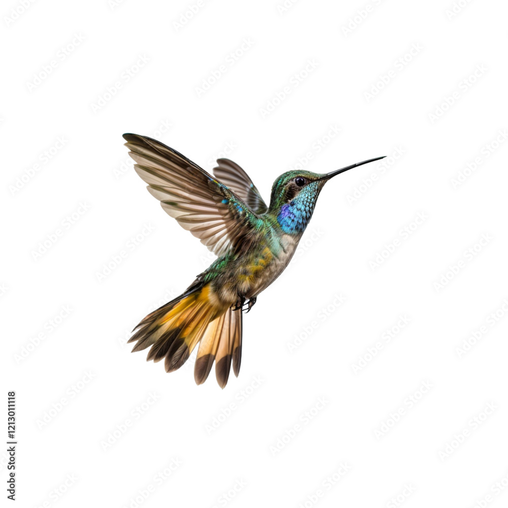 Obraz premium Emerald Hummingbird in Flight: A vibrant hummingbird with iridescent plumage and a long, slender beak hovers mid-air, wings a blur, capturing the essence of nature's agility.