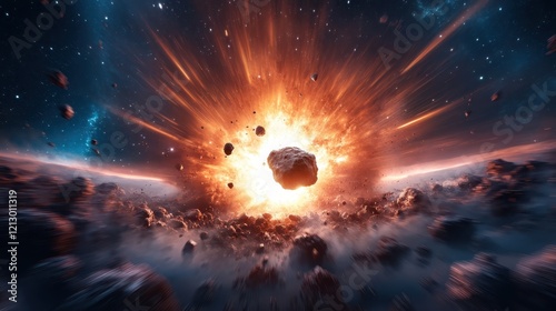 An eye-catching representation of an asteroid explosion in the universe, illustrating the beauty and brutality of cosmic events while evoking a sense of wonder and exploration.
