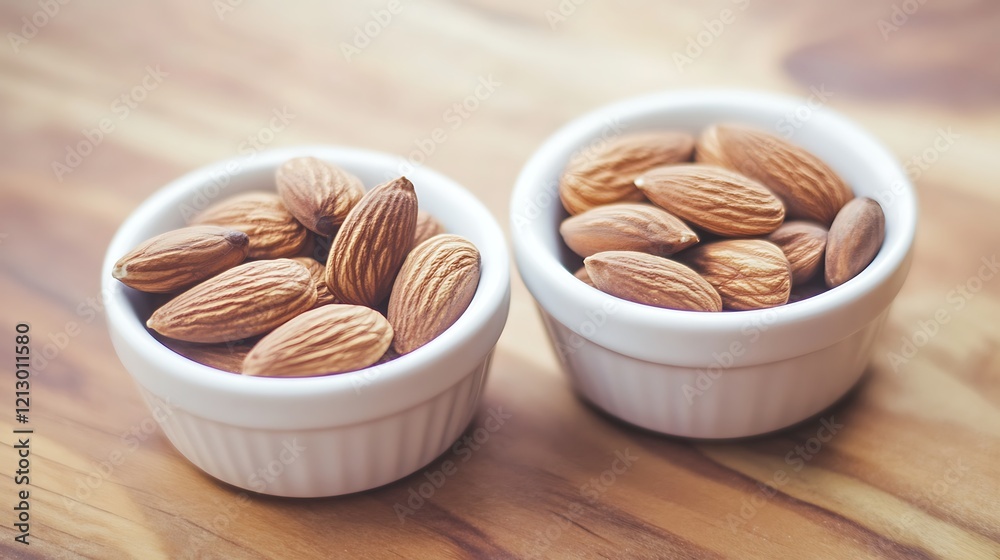 Almonds in Small White Bowls on Wooden Surface Almonds in Small White Bowls on Wooden Surface