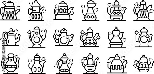 Old arabic teapot icons set. Different teapots icons set, outline style, various shapes and designs of teapots for tea ceremony or brewing tea