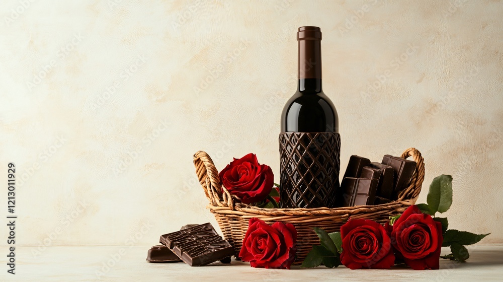 Naklejka premium A rustic chocolate wine bottle placed in a wicker basket with chocolates and red roses, isolated on a pale cream background