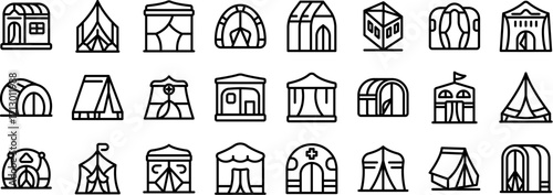 Military tent icons set. Set of camping tent and shelter icons representing various outdoor structures for temporary accommodation, including yurts, marquees, and other camping related symbols