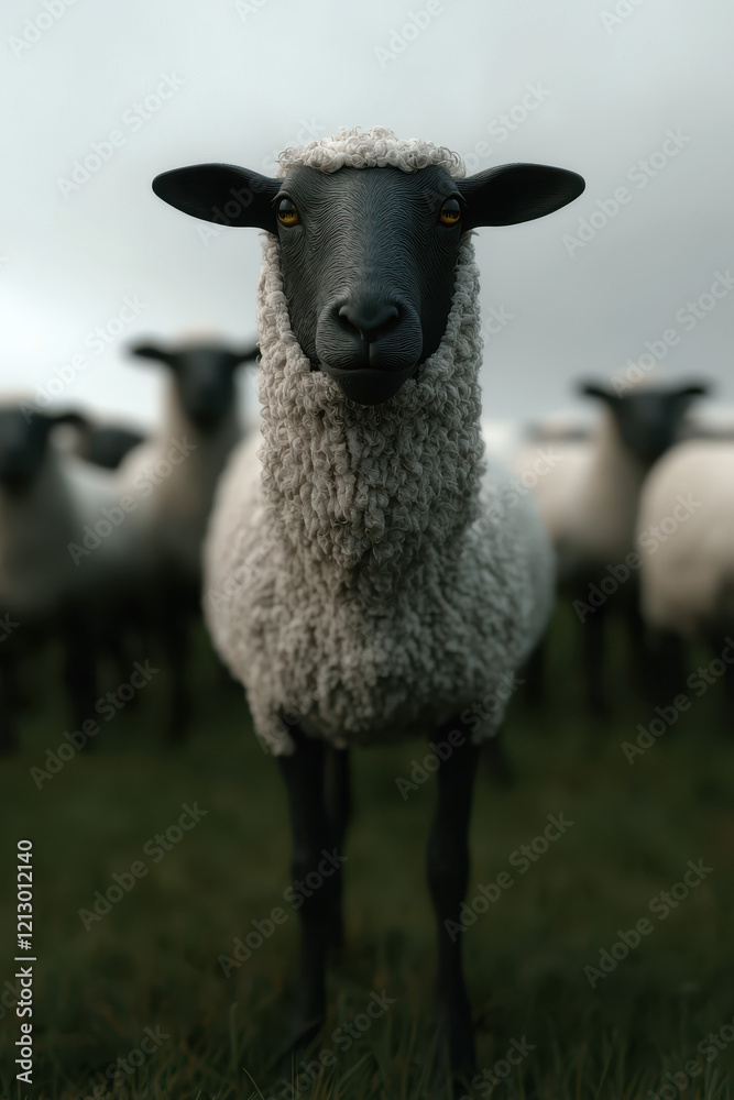 Fototapeta premium Portrait of a Sheep in a Lush Pasture Capturing the Essence of Farm Life and the Beauty of Nature's Livestock