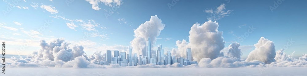 Panorama of beautiful skyscrapers against the sky with clouds. 3d rendering., Generative AI