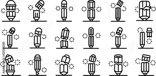 Broken pencil icons set. Set of broken pencils representing creative block, work stress, and intense pressure, symbolizing burnout and frustration