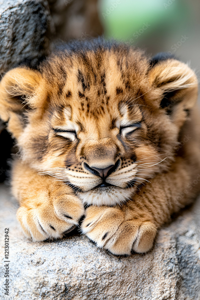 Obraz premium A cute lion cub sleeping soundly on a rocky surface, radiating innocence and warmth.