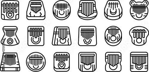 Kalimba icons set. Set of kalimba icons showing various designs and shapes of this traditional african musical instrument, ideal for representing music, culture, or sound