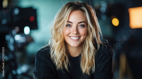 A joyful young woman with wavy hair laughs heartily in a studio, her glowing smile and lively expression create a visually engaging image filled with positive energy.