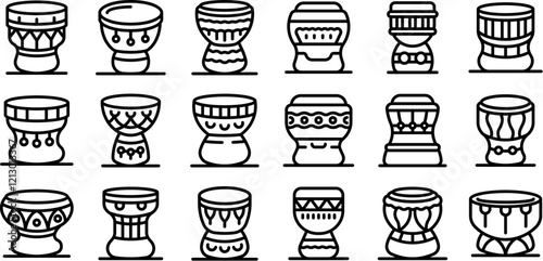 Darbuka icons set. African drum icons showing traditional instruments making music and celebrating culture