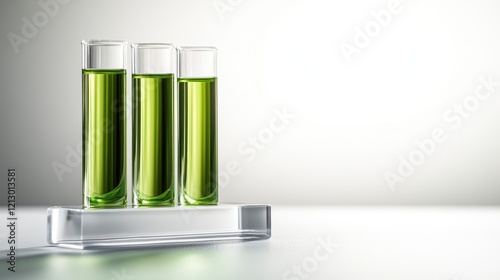 This image shows three crystal-clear test tubes filled with vibrant green liquid, highlighting study and experimental themes in a clean and modern setting.