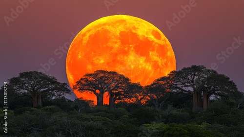 Giant orange moon over African baobab trees photo