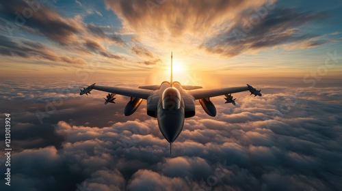A sleek fighter jet heads upward, silhouetted against a glowing sunset horizon, illustrating the awe-inspiring capabilities of modern military technology and flight.