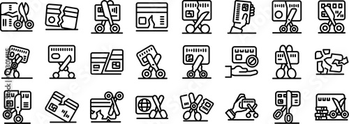 Cutting credit card icons set. Cutting credit card with scissors, representing concepts like expiration, decline, cancellation, damage, or fraud
