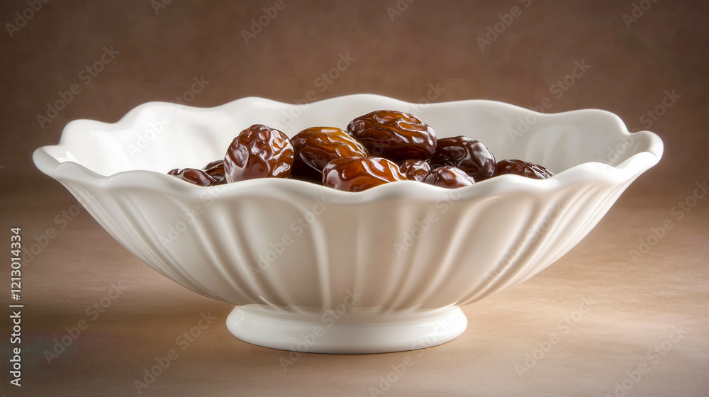 Juicy medjool dates resting in an elegant white bowl