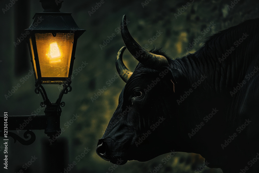 Naklejka premium Black bull in profile next to a lit street lamp, dark atmosphere.