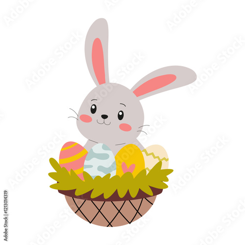 An adorable and cute Easter Bunny surrounded by a variety of colorful eggs in a charming basket