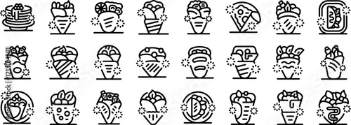 Sweet crepe icons set. Collection of line icons representing shawarma, burrito, doner kebab, and other wraps, highlighting diverse fillings and preparations photo