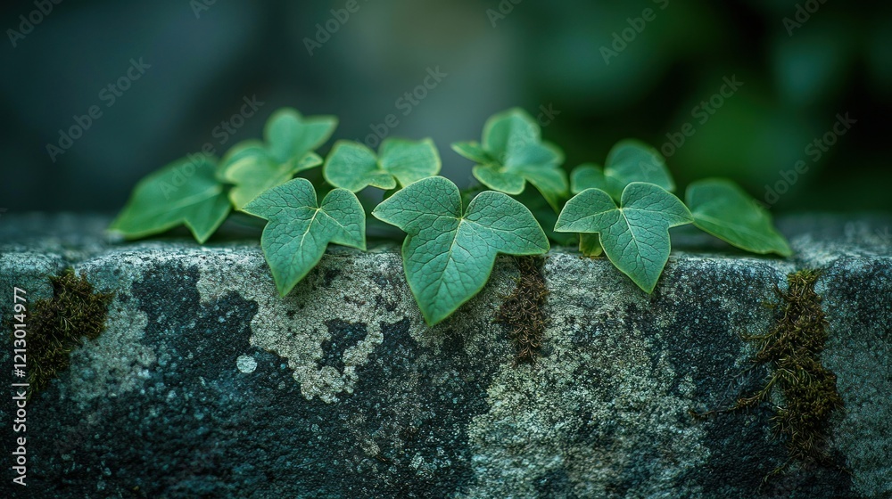 Naklejka premium Ivy Vines Growing Over Stone Wall in Garden.