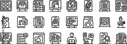 Electronic document management icons set. Icons depicting various aspects of document management, including file organization, cloud storage, access control, and data security