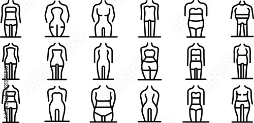 Woman figures types icons set. Woman body shape figure type and modeling icons set showing weight loss and gaining for dieting