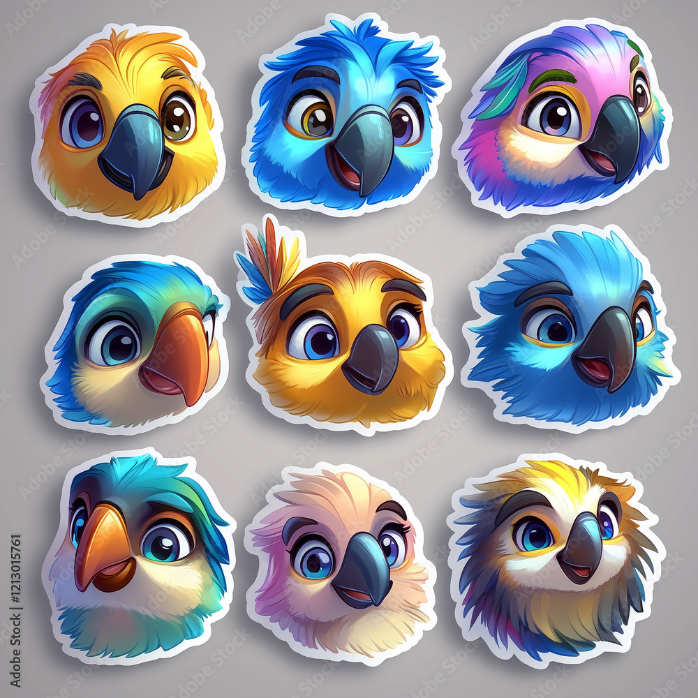 Colorful Parrot Head Stickers with Playful Expressions in Contemporary Design Style Colorful Parrot Head Stickers with Playful Expressions in Contemporary Design Style
