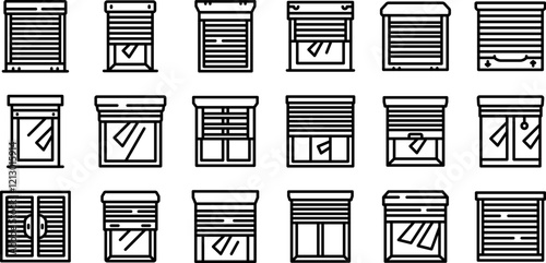 Roller shutter up icons set. Roller shutters in various configurations, offering security, privacy, and light control for windows