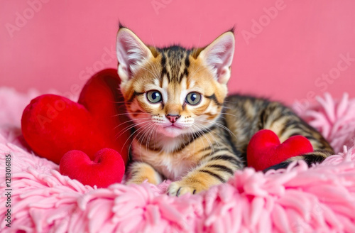 A striped kitten is lying on a pink bedspread with red plush hearts. Card for Valentine's Day. Greeting card