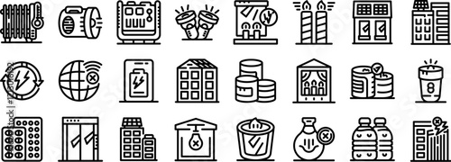 Blackout icons set. Essential icons depicting power outage scenarios, energy conservation, and emergency preparedness measures, emphasizing resource management and resilience