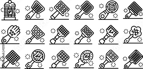 Fly swatter icons set. Electric fly swatters icons set killing insects, including various types of swatters and a mosquito lamp, ensuring effective pest control