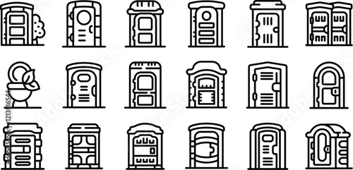 Bio toilet icons set. Portable toilet cabins offering sanitation solutions for various outdoor settings, ensuring hygiene and convenience