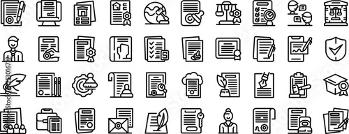 Notarization icons set. Icons depicting various aspects of legal documentation, including signing, authorizing, verifying, and managing agreements