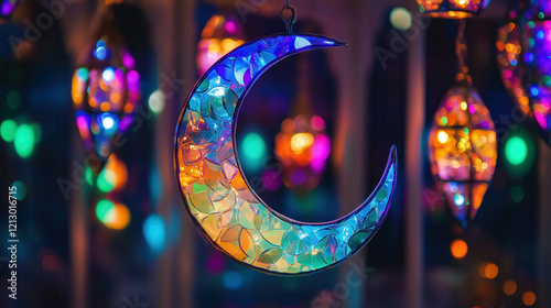 Glowing crescent moon ornament hanging outdoors at night with lanterns photo