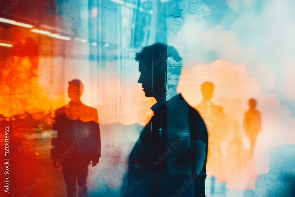 Background concept with business people silhouette at work. Double exposure and light effects, Generative AI