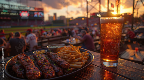 Crowded baseball stadium serves up fan-favorite ballpark food like burgers, fries, and chicken with a festive game day vibe in the background. photo