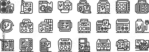 Portable home battery icons set. Portable power generators providing backup electricity during outages, powering devices, and supporting outdoor activities