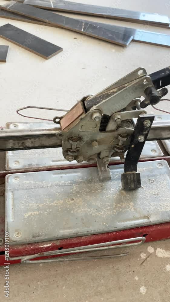 A manual tile cutter placed on a construction site, surrounded by tiles and dust, used for precise tile cutting. A manual tile cutter placed on a construction site, surrounded by tiles and dust, used for precise tile cutting.