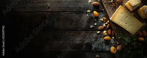 Panel kuchenny z motywem Gourmet cheese selection with crunchy walnuts and aromatic herbs on dark slate background. Elegant appetizer arrangement perfect for upscale restaurant menu presentation