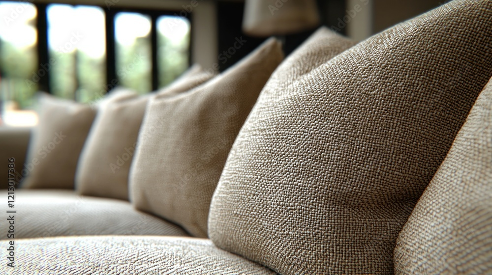 Obraz premium Linen pillows on sofa by window, blurred garden view.
