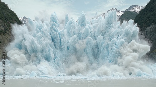 Glacial Calving Explosion on Fjord, Mountain Background photo