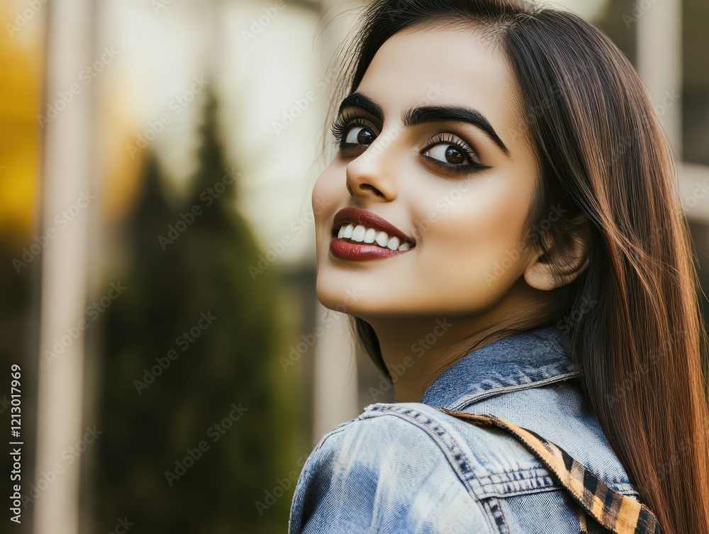 Smiling woman with long hair wearing a denim jacket outdoors Smiling woman with long hair wearing a denim jacket outdoors