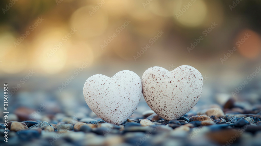 Fototapeta premium Two white stone hearts showing affection on pebble beach at sunset