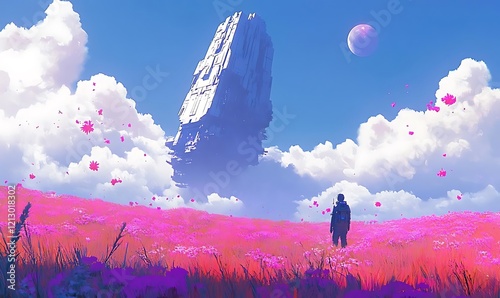 Astronaut gazing at a futuristic spaceship in a vibrant pink field under a pastel sky. photo