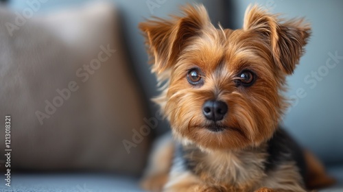 Portrait of cute joyful Yorkshire Terrier, pet dog animal banner with copy space. York portrait