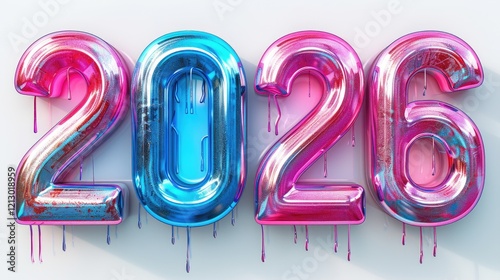 Colorful balloons displaying the year 2026 with a shiny finish and dripping paint effect photo