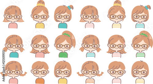 メガネをかけているいろんな髪型の女の子の上半身イラストセット