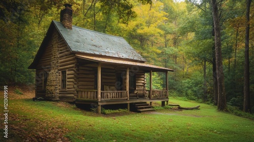 A rustic log cabin nestled in a lush forest, surrounded by vibrant autumn foliage.