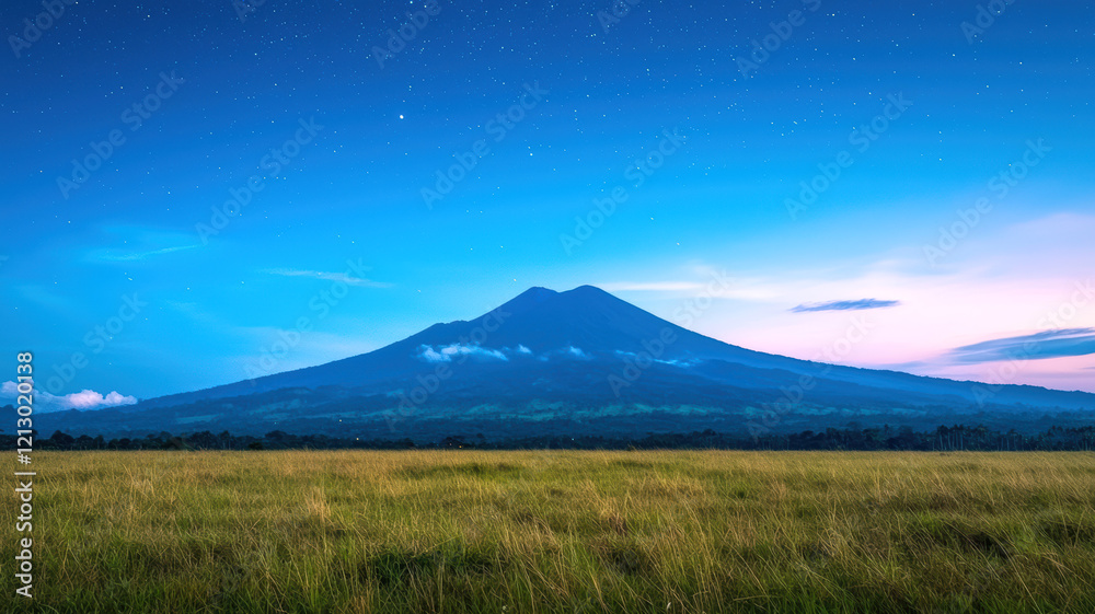 Obraz premium A serene landscape featuring a majestic mountain under a twilight sky, surrounded by lush green fields and scattered clouds.